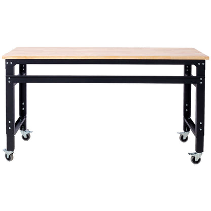 Wide Rolling Workbench For Garage, Adjustable Height, Workshop Tool Bench, Metal With Rubber Wood Top