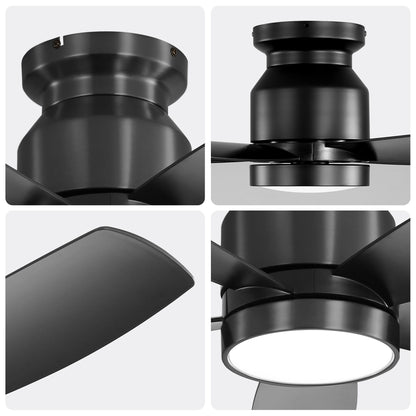 Flush Mount Ceiling Fan With LED Light 22W And Remote Control Blades For Indoor Use - Black