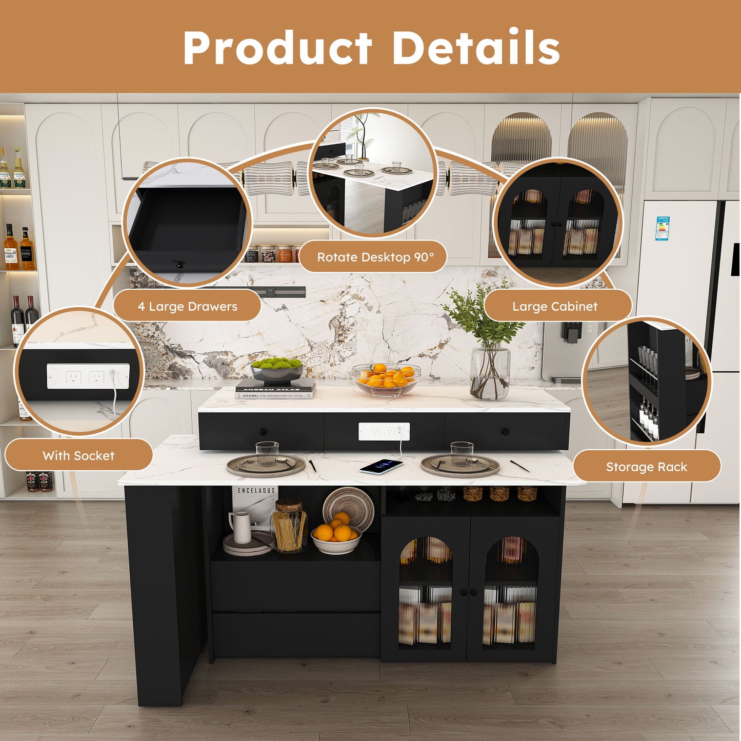 Kitchen Island With Extendable & Rotating Table