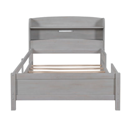 Wood Platform Bed With Built In LED Light, Storage Headboard And Guardrail