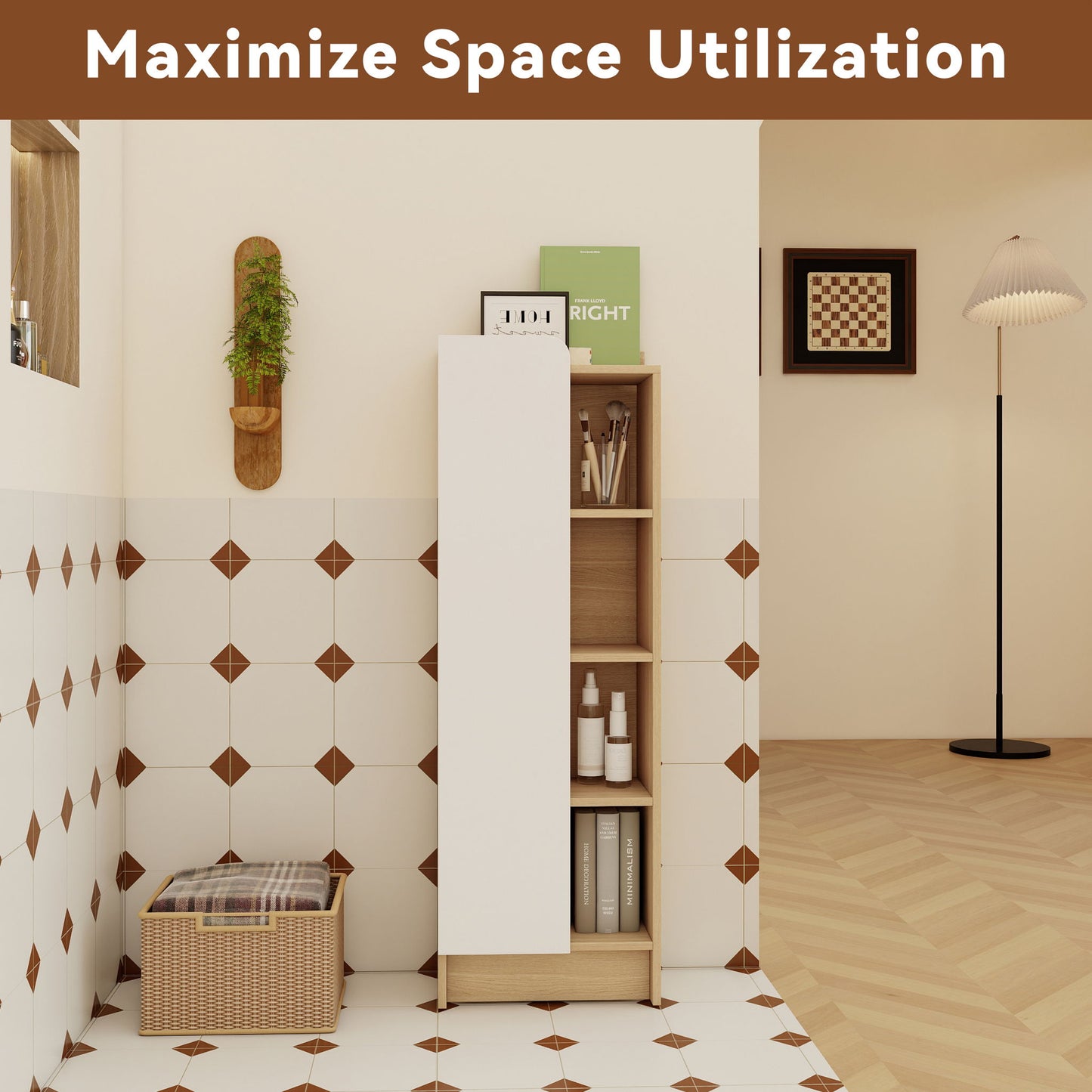Tall Freestanding Bathroom Side Cabinet With Single Door & 4 Tier Open Shelves - Black / Light Oak / White