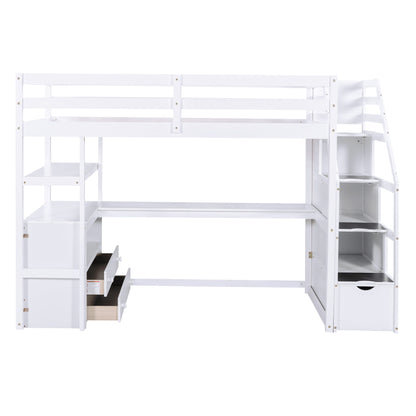 Loft Bed With Desk, Shelves, 2 Drawers, Storage Staircase