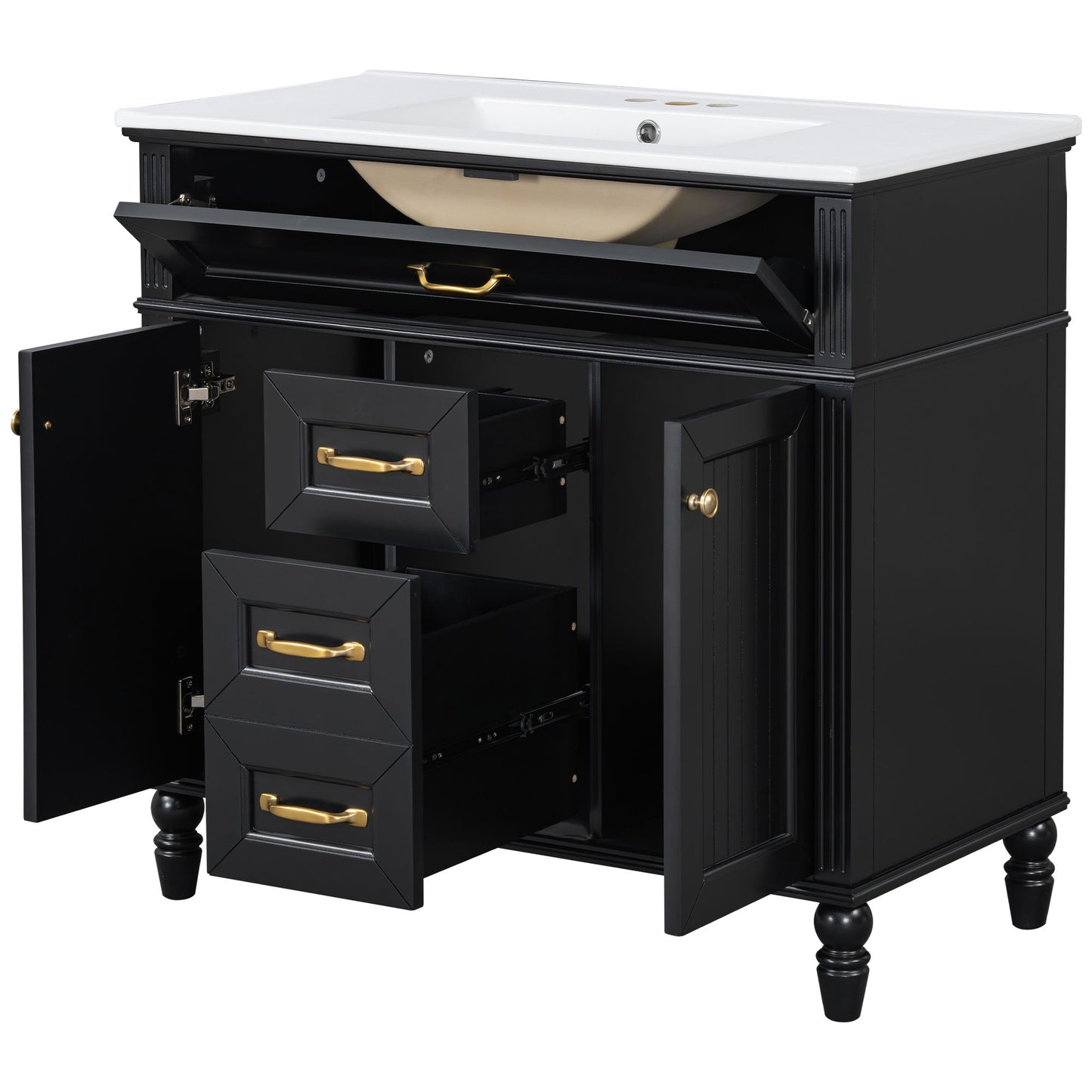 Bathroom Vanity With Sink, Flip-Out Top Drawer, Soft Close Doors, 2 Storage Drawers