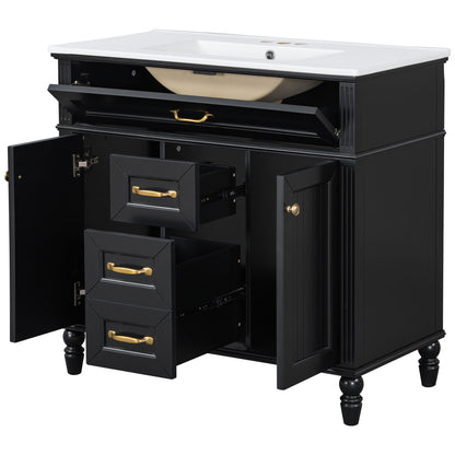Bathroom Vanity With Sink, Flip-Out Top Drawer, Soft Close Doors, 2 Storage Drawers