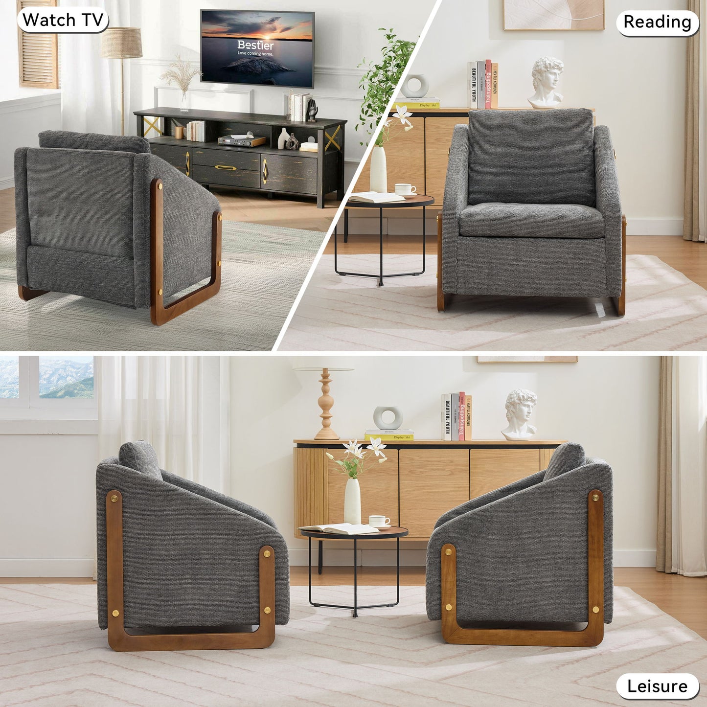 Modern Upholstered Armchair With Wooden Side Frame