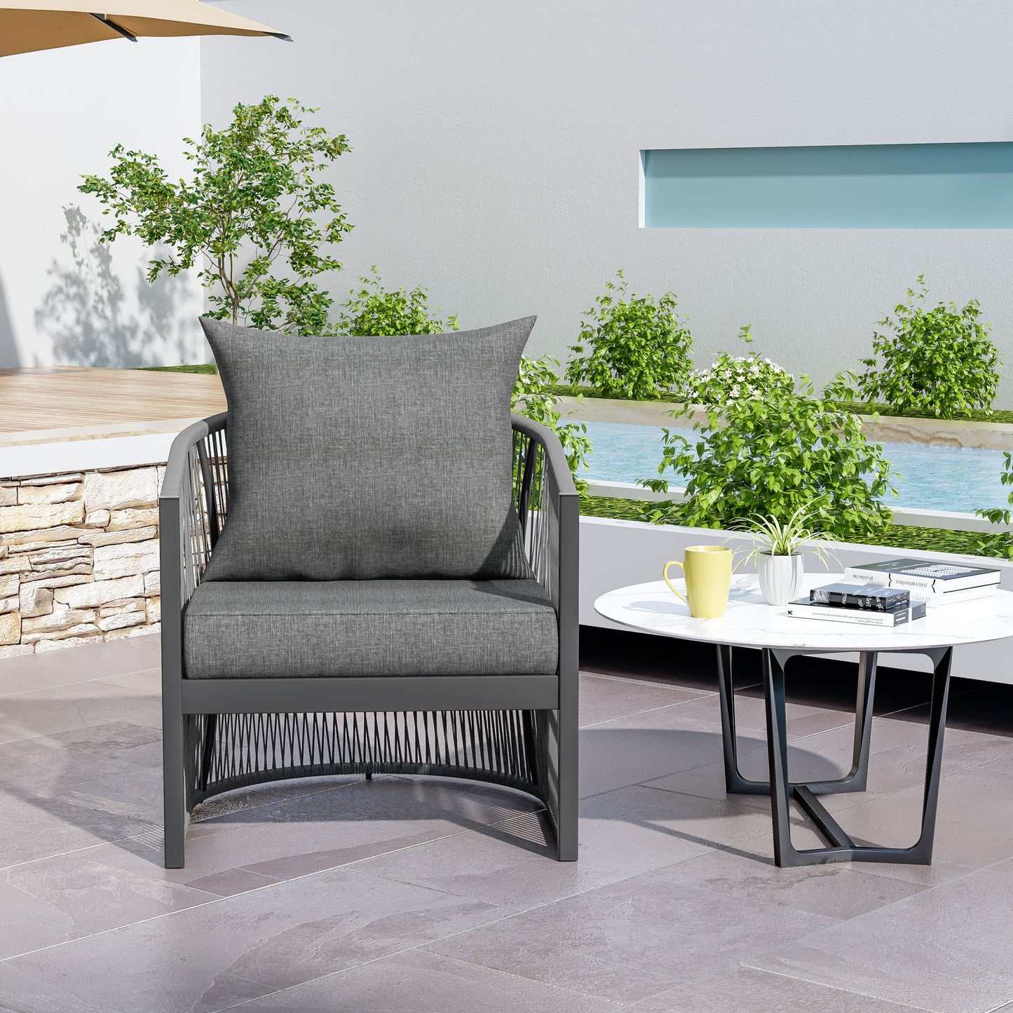 Modern Curved Aluminum Lounge Chair With Stylish Rope Weave Design And Cushioned Comfort For Outdoor