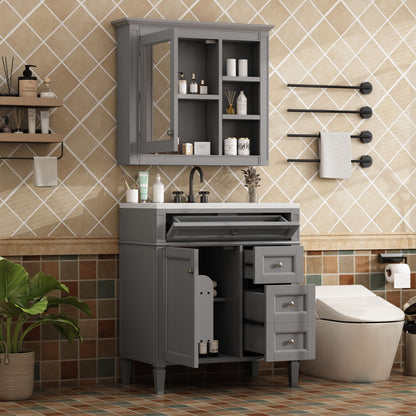 Bathroom Vanity With Top Sink, Freestanding Storage Cabinet With 2 Doors And 3 Drawers, Mirror Cabinet Included - Gray