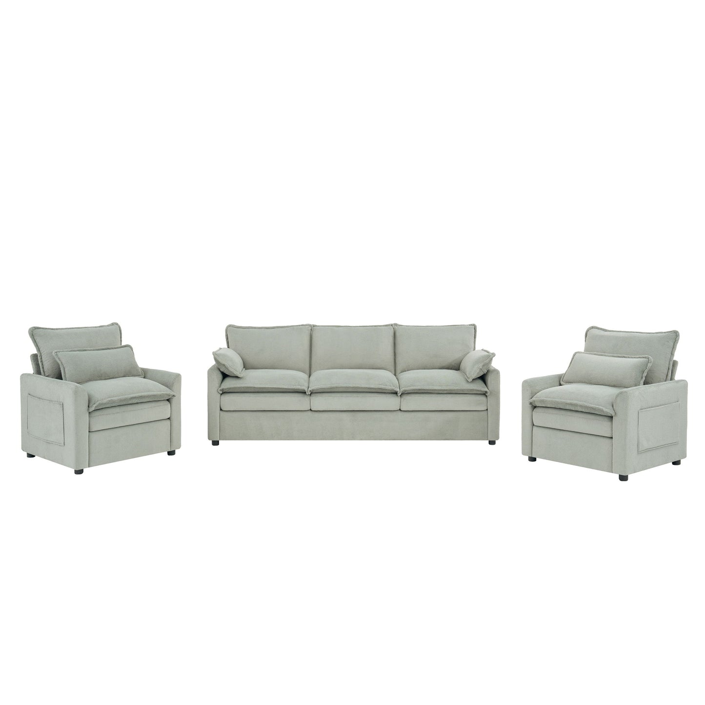 Modern Sofa Set With Double Layer Cushion And Side Storage Pockets