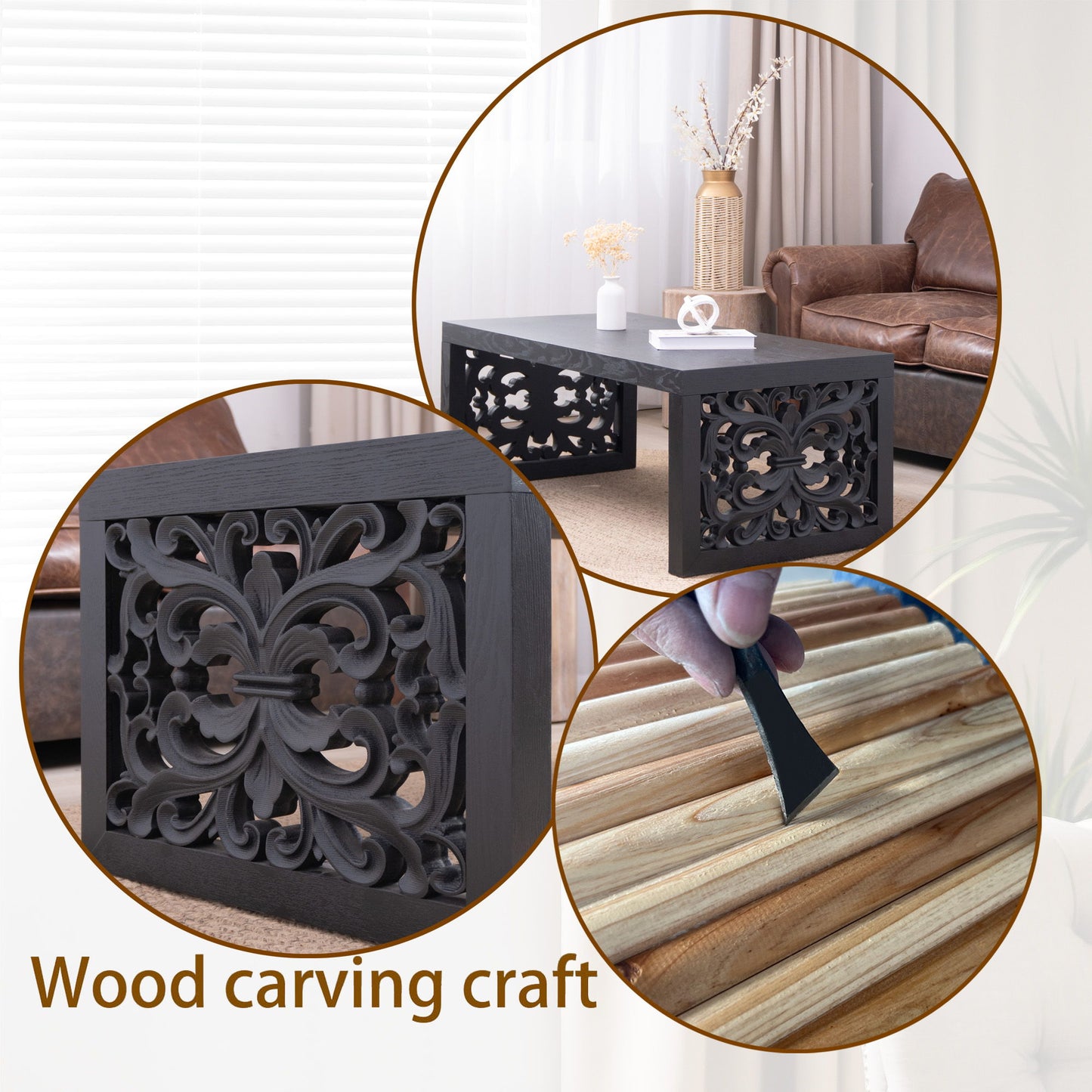 Rustic Carved Wood Coffee Table, Handcrafted Look With Ornate Side Panels