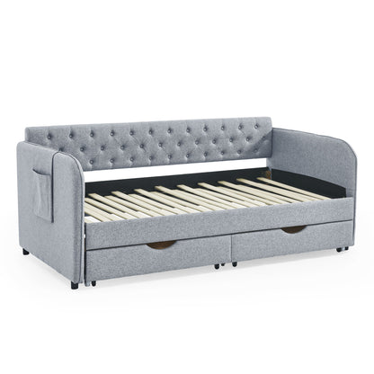 Daybed With Trundle And Storage Drawers, Flat Arms With Pocket