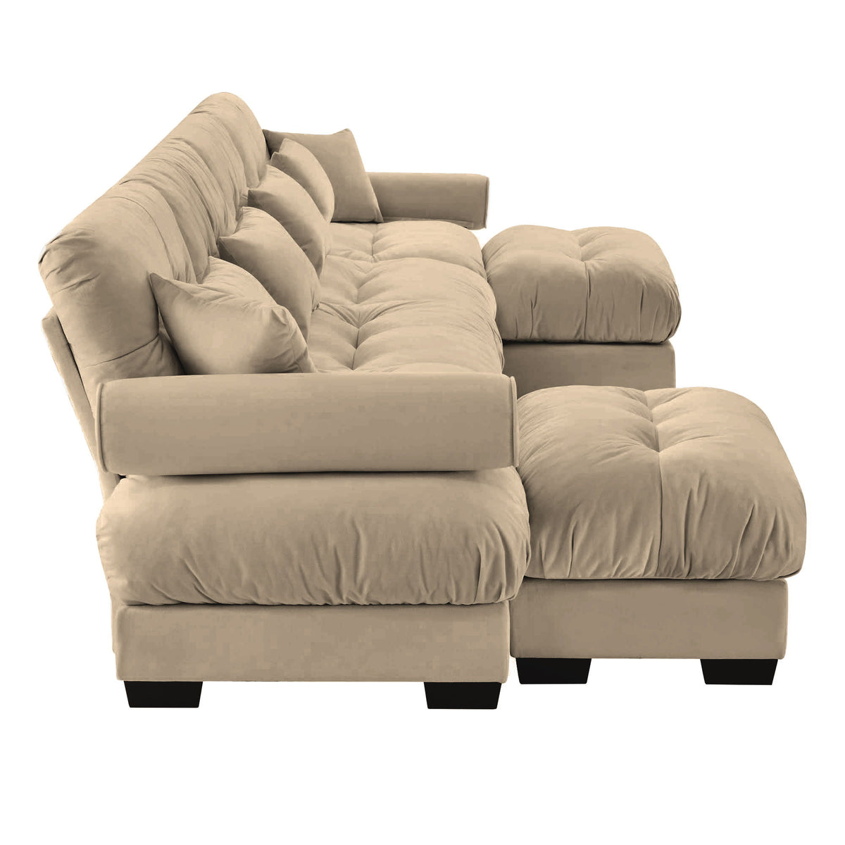Modern Sectional Sofa With Ottoman, Round Bolster Armrests, Waist And Throw Pillows