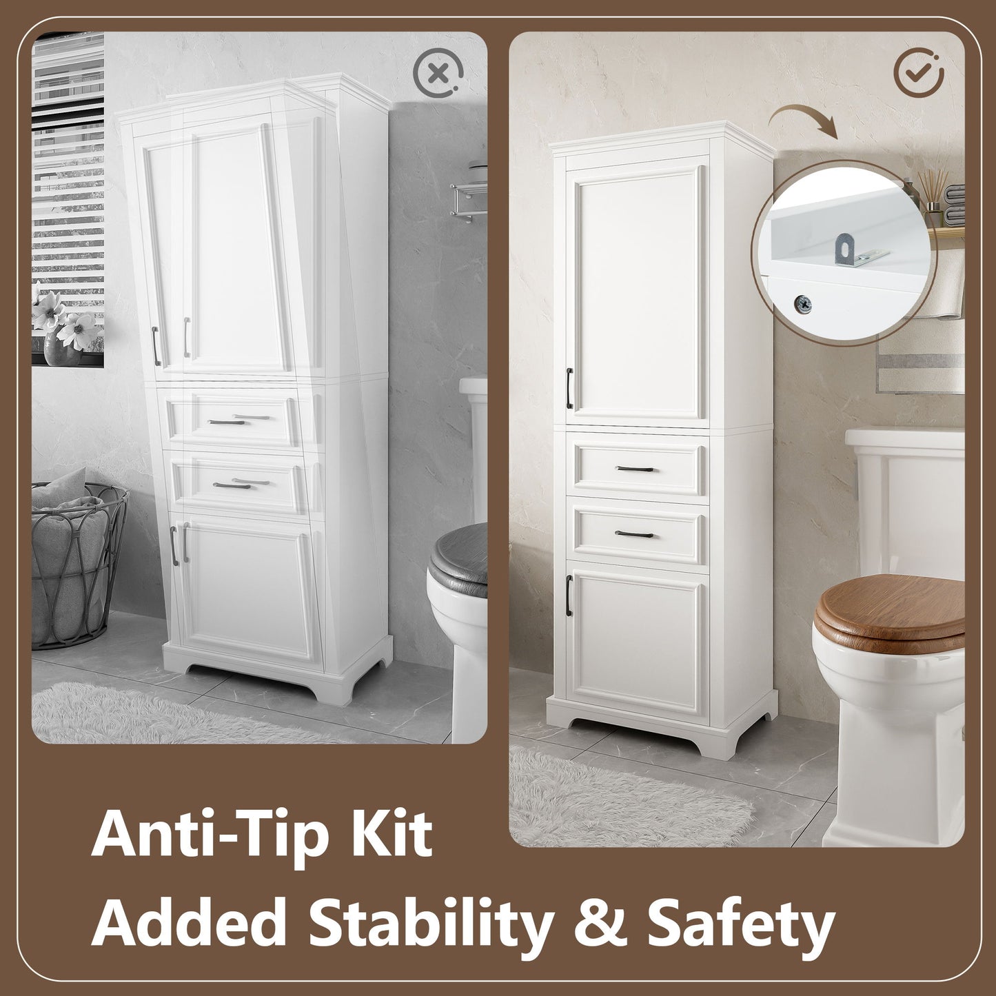 Freestanding Bathroom Vanity Tall With Damping Hinge Doors, Adjustable Shelves - White