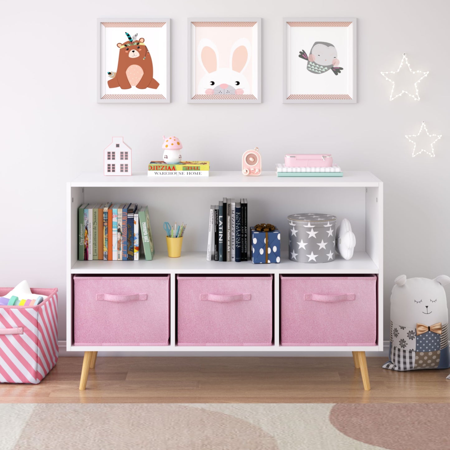 Bookcase With Collapsible Drawers, Book Display Organizer