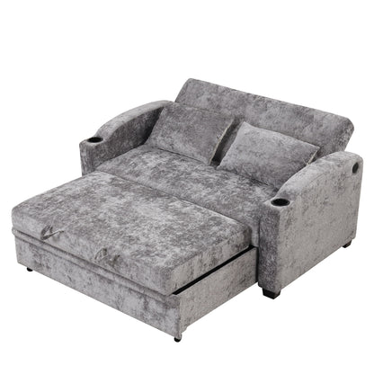 Pull Out Loveseat Sofa With Adjsutable Backrest, 2 Pillows, Cup Holders, USB Ports For Living Room
