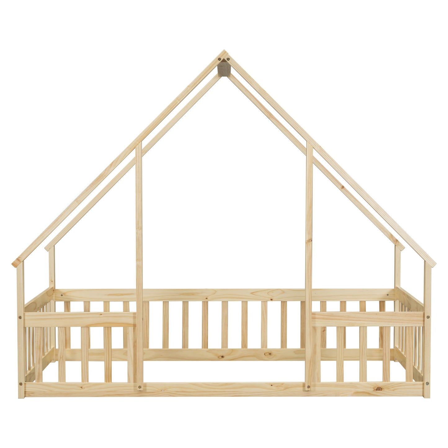 Wood House-Shaped Floor Bed With Fence, Guardrails