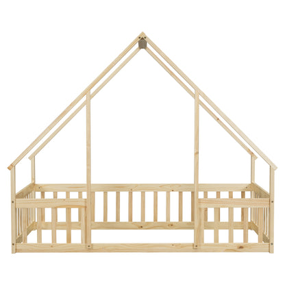 Wood House-Shaped Floor Bed With Fence, Guardrails