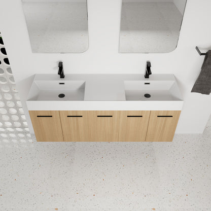 Floating Double Sink Bathroom Vanity With Extra Large Storage, Integrated Sink, Soft Close Doors, Wall Mounted Bath Vanity - Glossy White / Light Oak