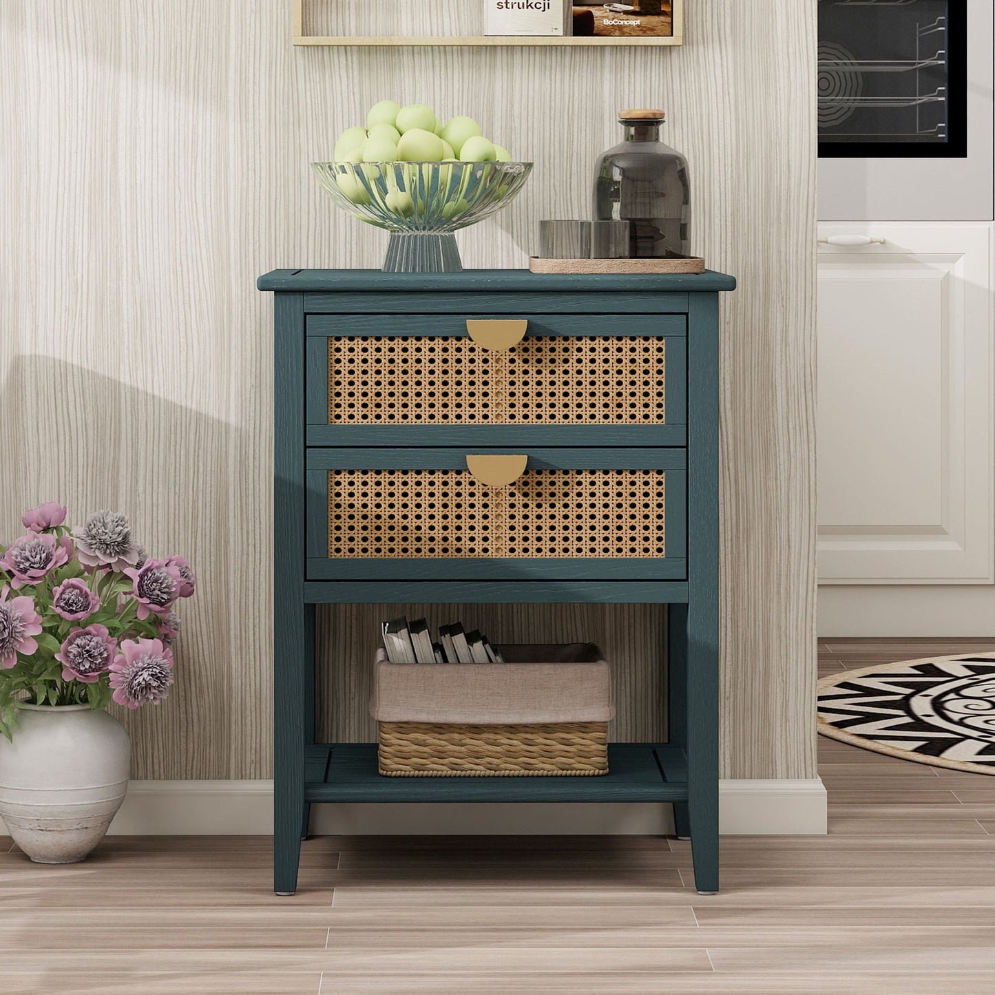 2 Drawer Side Table, Natural Rattan
