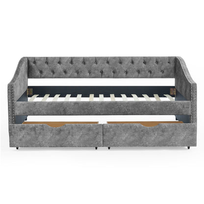 Upholstered Tufted Daybed With 2 Drawers, Waved Arms