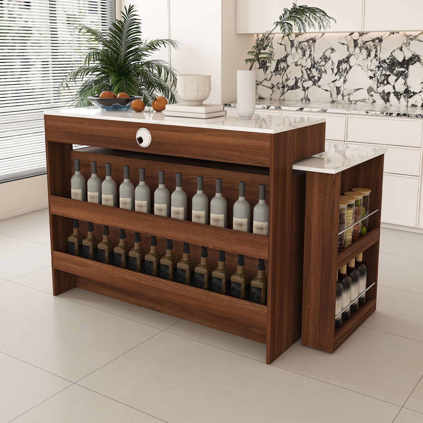 Kitchen Island With Extendable & Rotating Table