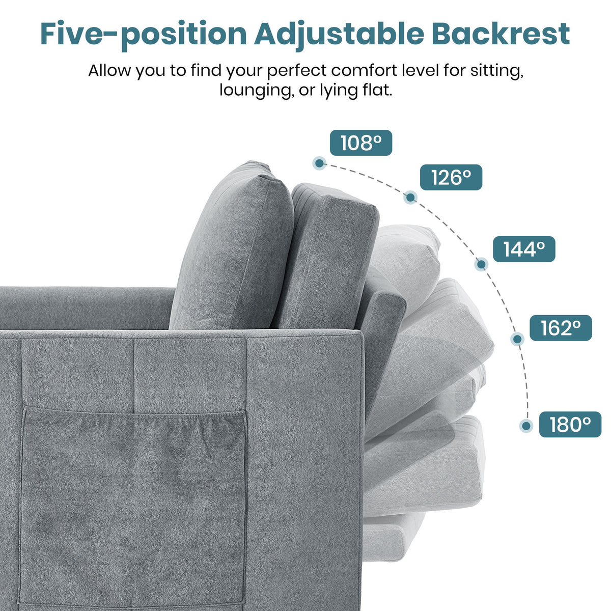 Upholstered Convertible Sleeper Sofa With 5 Position Backrest, Side Pockets, Storage