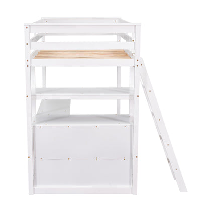 Modern Loft Bed With Built In Desk, Shelves, And 2 Drawers
