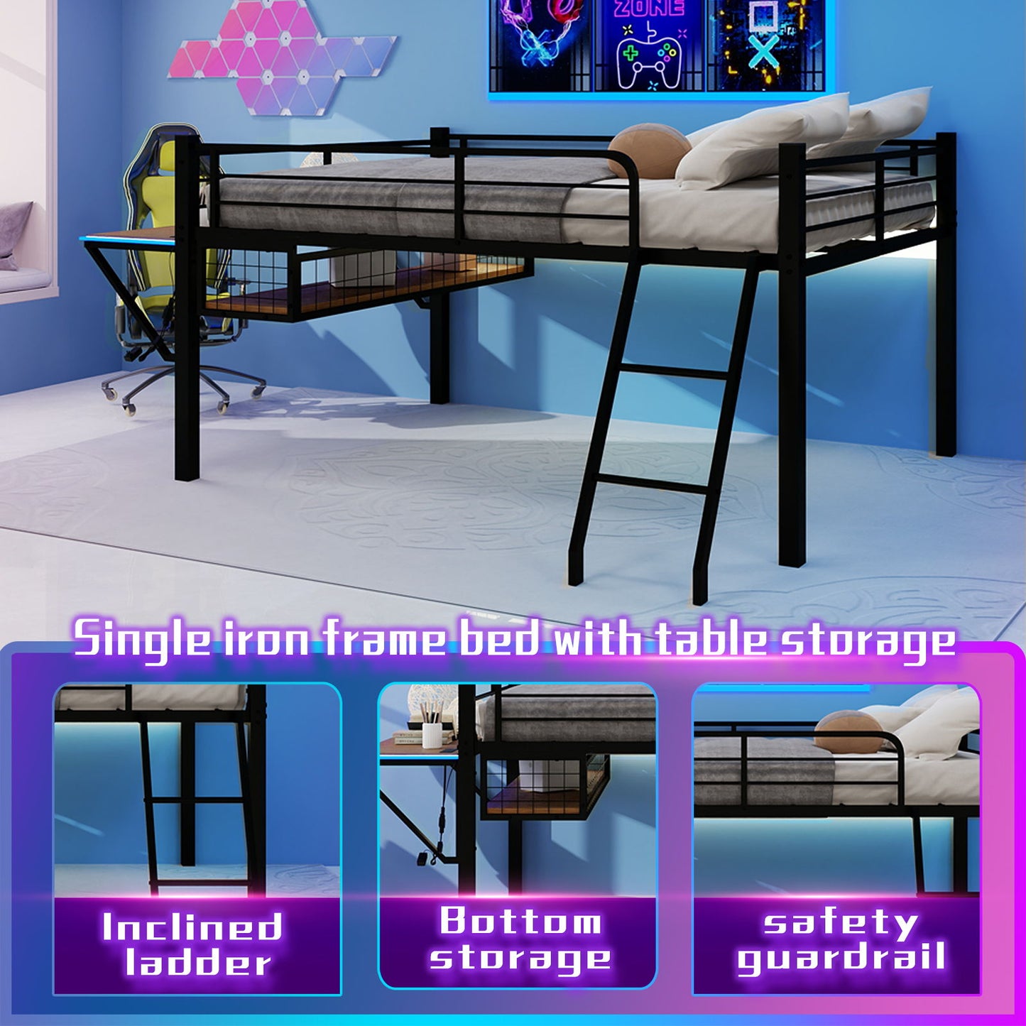 Loft Bed With Built In Desk, LED Light Strip