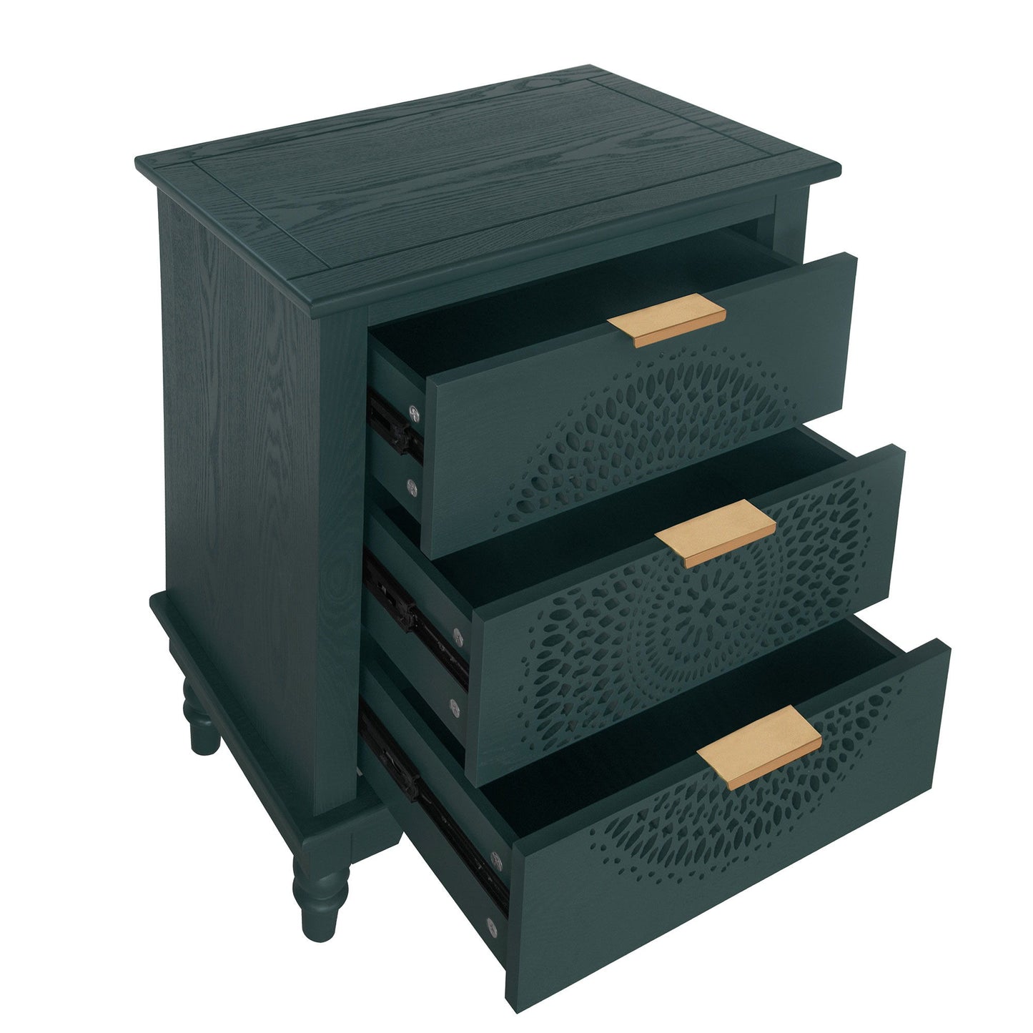 Hollow Carved 3 Drawer Dresser With Metal Handles, Storage Chest For Living Room Or Bedroom - Blackish Green