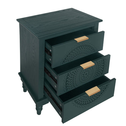 Hollow Carved 3 Drawer Dresser With Metal Handles, Storage Chest For Living Room Or Bedroom - Blackish Green