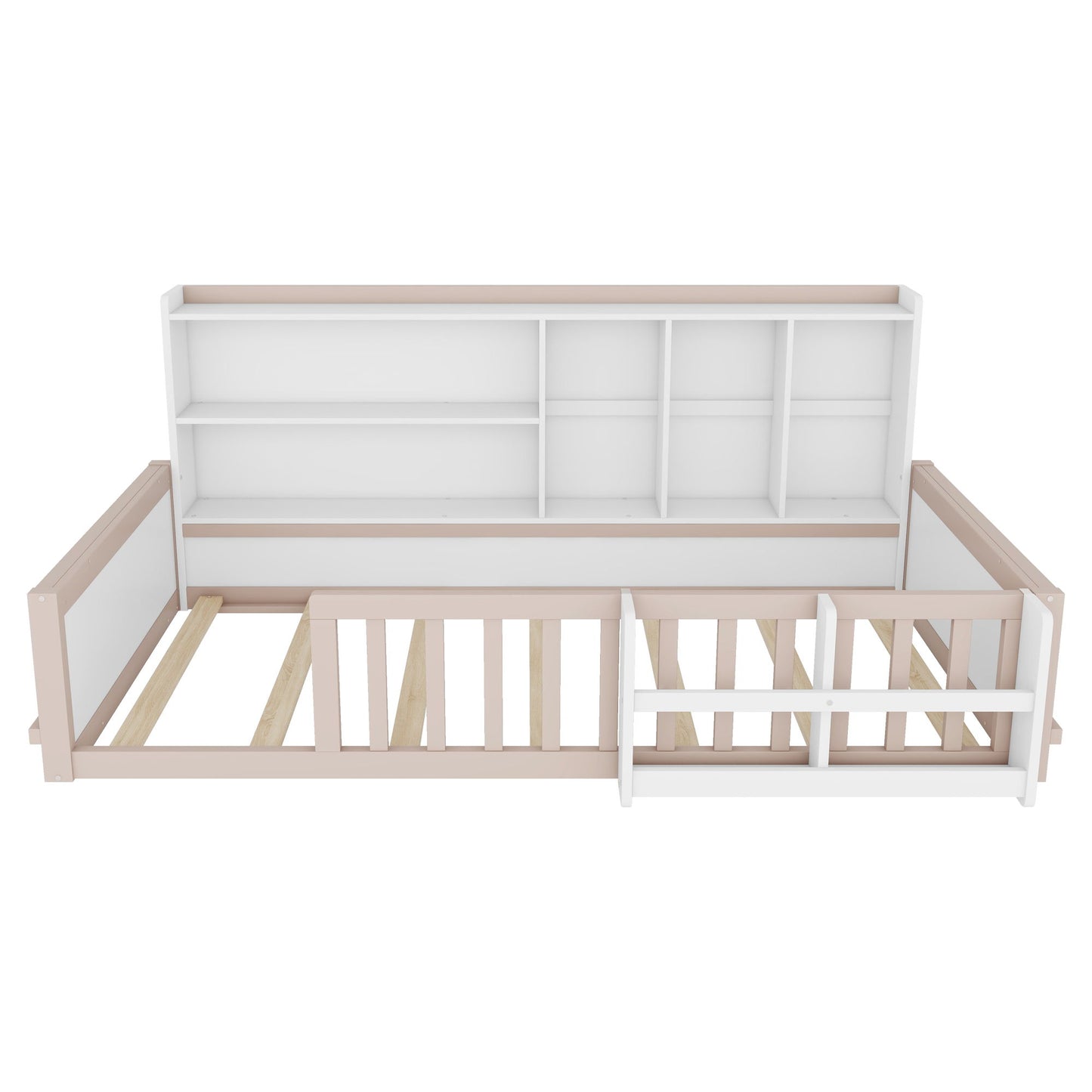 Platform Bed Frame With Guardrail, Storage Shelves & Bookshelf