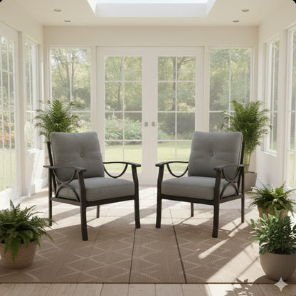 All Weather Armchairs With Cushions, Sculptural Design (Set of 2) - Gray / Khaki