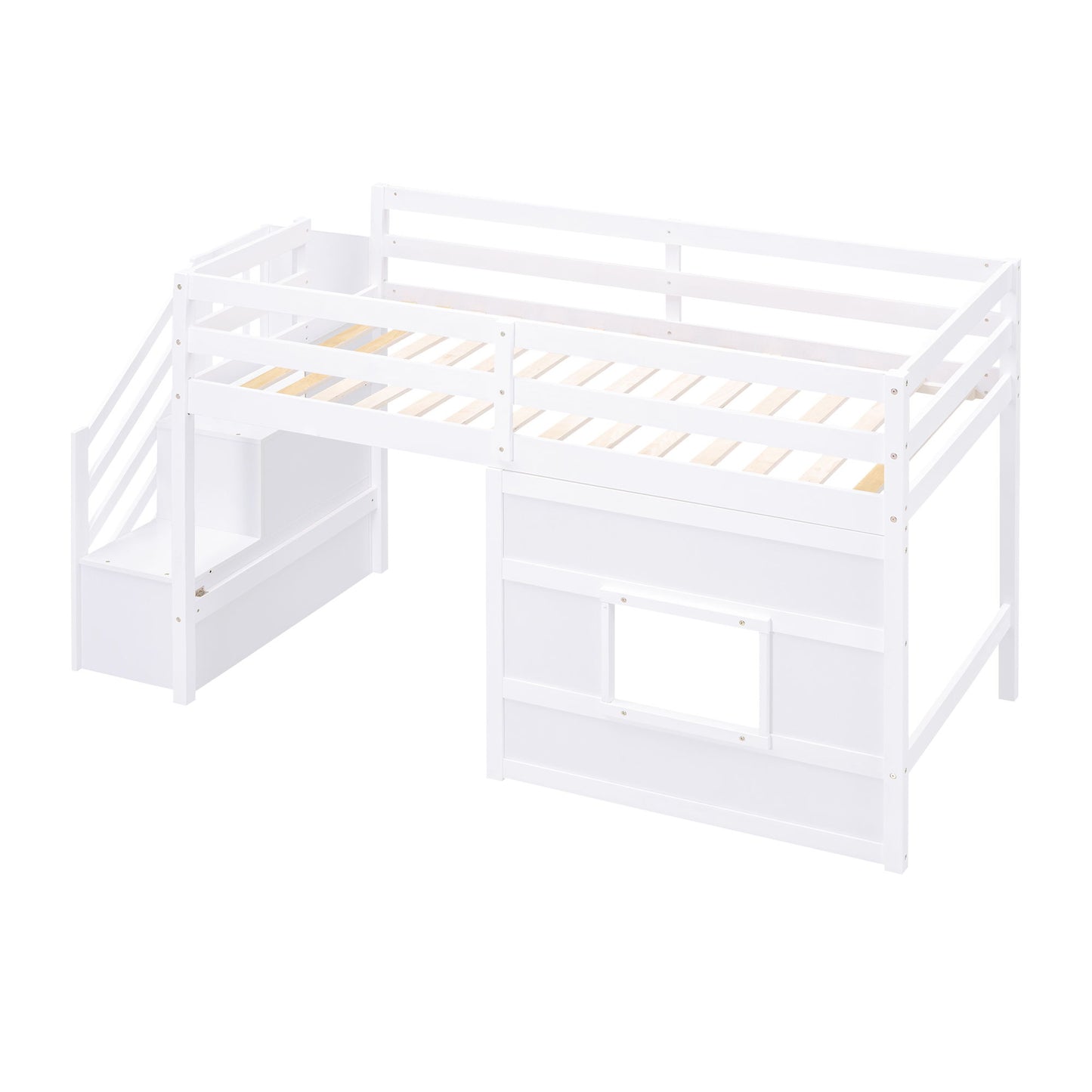 Loft Bed With Storage Staircase, Window & LED Light