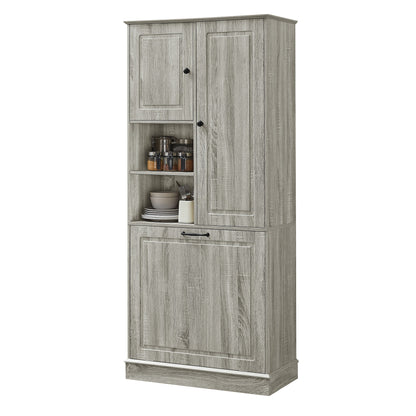 Modern Tall Storage Cabinet With Adjustable Shelves, Flip-Out Basket & Enclosed Doors
