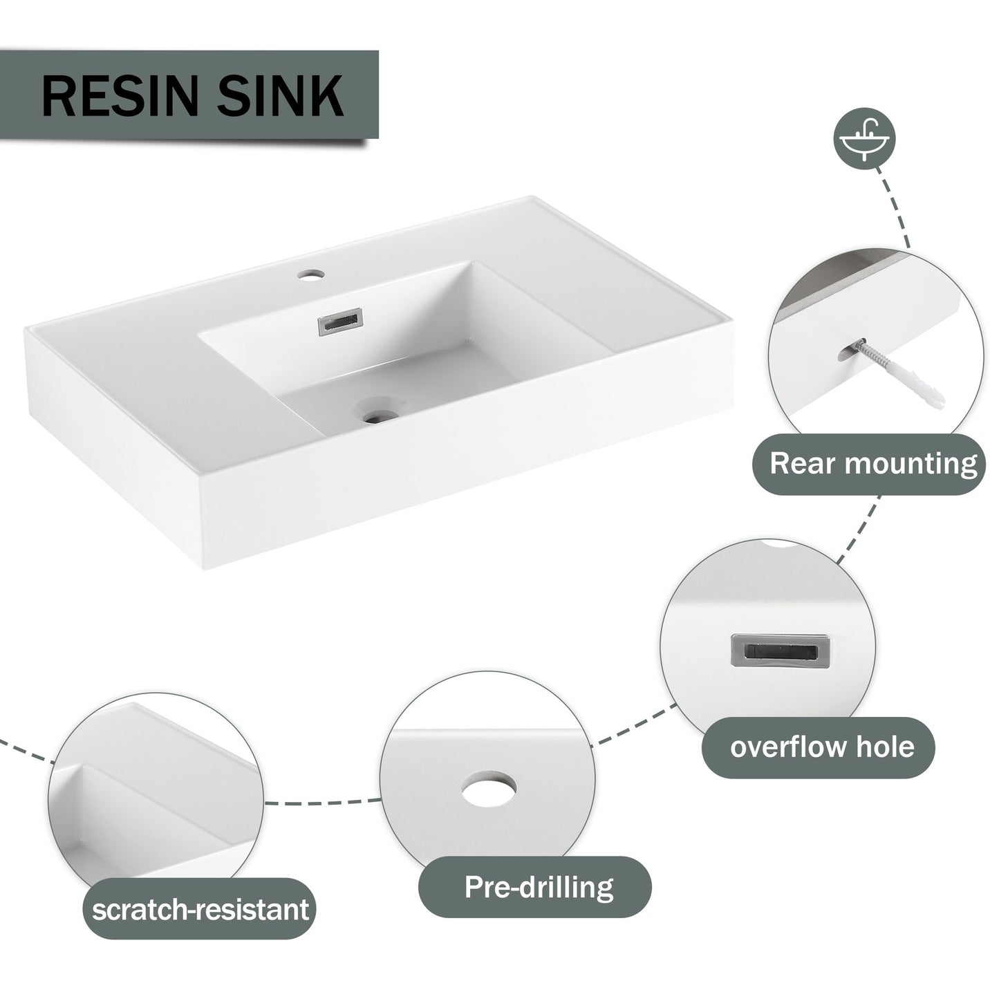 Modern Wall Mounted 30 Inch Bathroom Vanity With Resin Sink And 2 Side Cabinet In Imitative - Imitative Oak