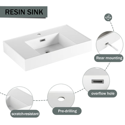 Modern Wall Mounted 30 Inch Bathroom Vanity With Resin Sink And 2 Side Cabinet In Imitative - Imitative Oak
