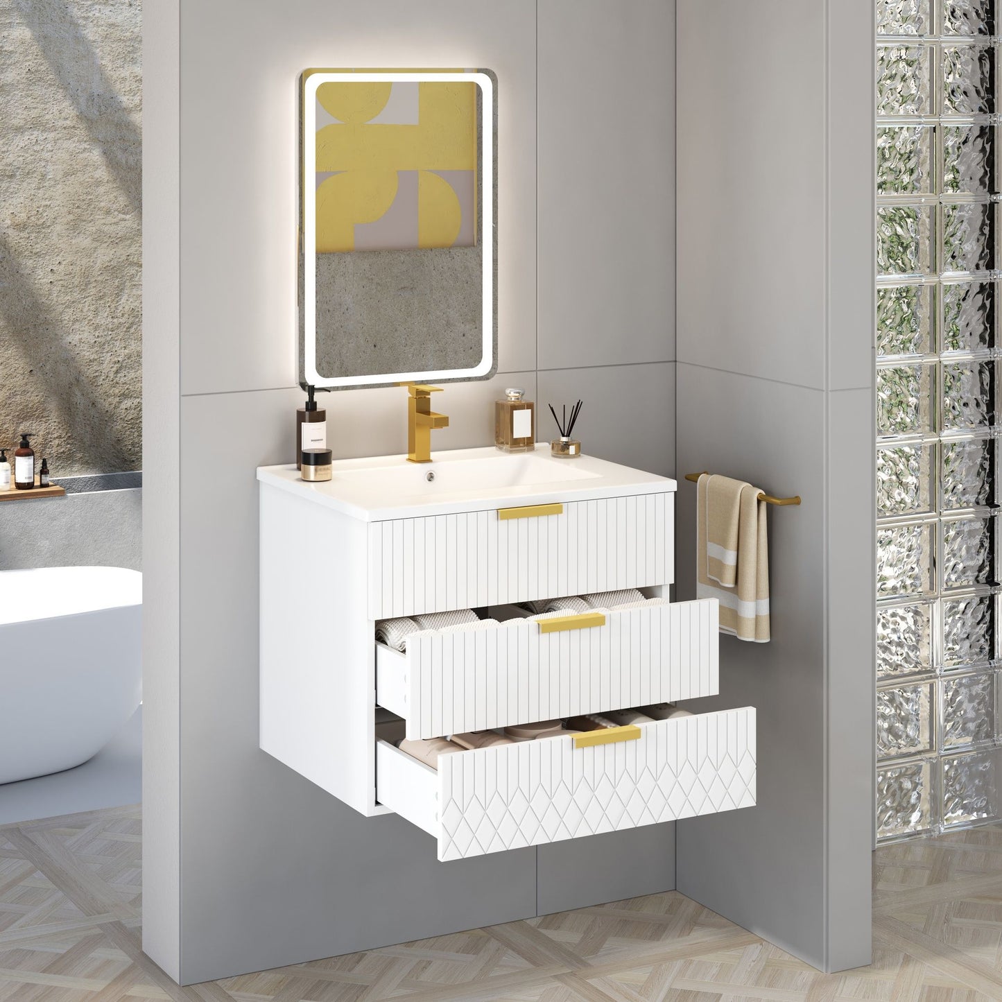 Wall Mounted Floating Cabinet With Double Drawer, Rectangular Sink