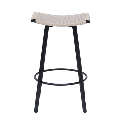 Counter Height Bar Stools Backless Handwoven Kitchen Dining Chairs With Round Footrest (Set of 2) Weaving Pub Stoo - Creamy White