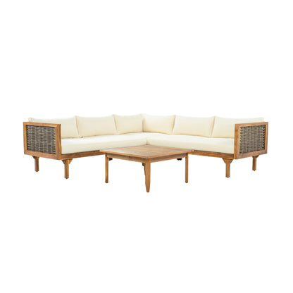 Premium Outdoor Sofa Set With Waterproof Cushions Sectional Seating Group With Acacia Wood And Wicker - Brown Mix / Beige