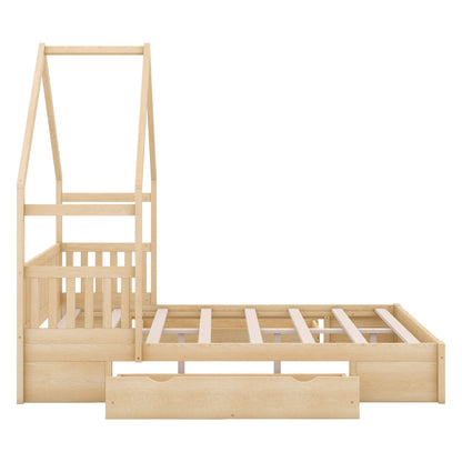 House Style Platform Bed With Guardrail And 2 Drawers