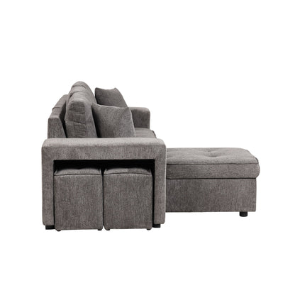 Modern L-Shape 3 Seat Reversible Sectional Couch, Pull Out Sleeper Sofa With Storage Chaise And 2 Stools For Living Room Furniture Set