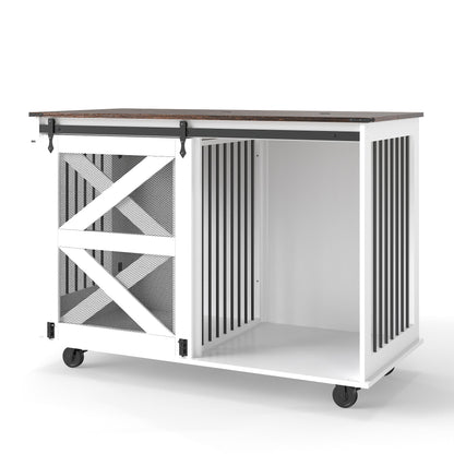 Mobile Dog Crate With Flip Top Feeding Door, Dual Access & 5 Caster System (2 Locking) - Brown White