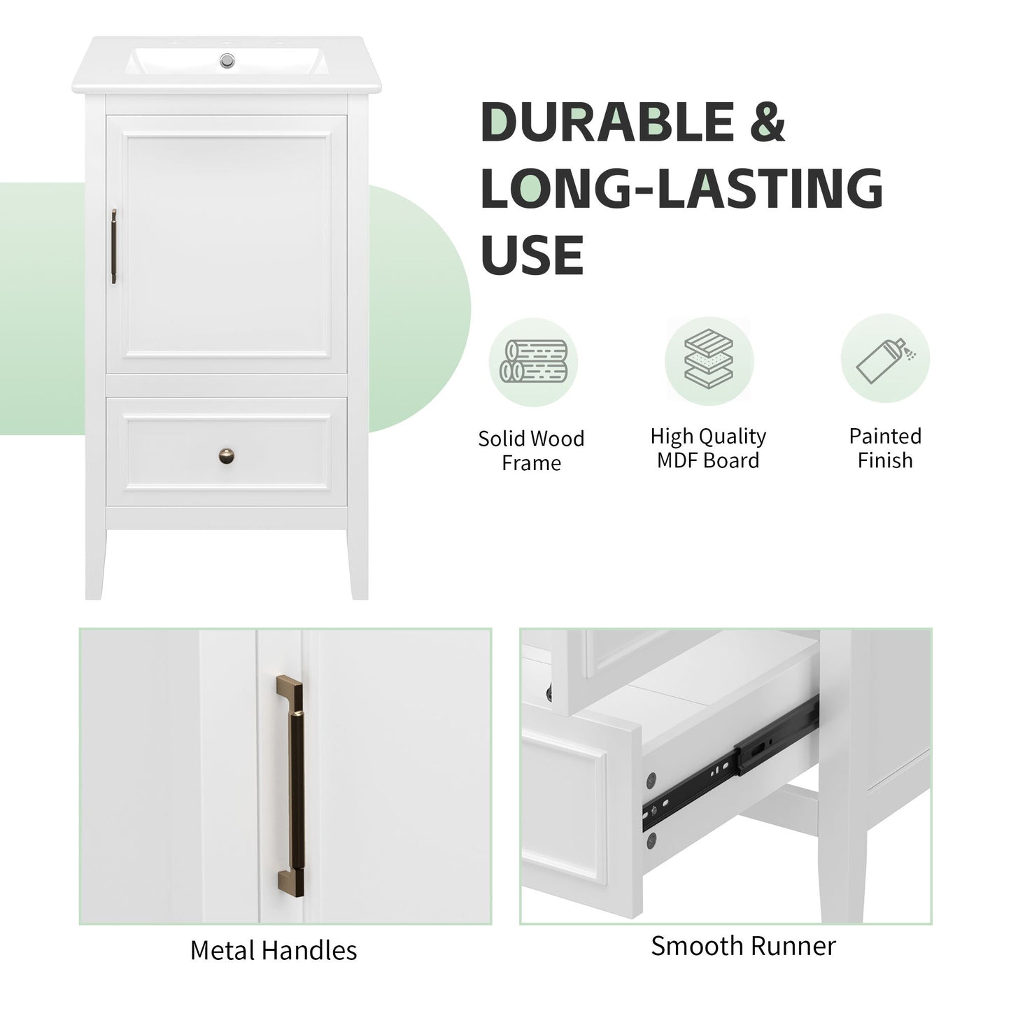 Bathroom Vanity With Sink, Adjustable Feet, 1 Drawer And Door Shelf Storage - White