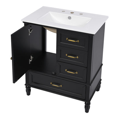 30" Bathroom Vanity With Sink, 3 Drawers, Adjustable Feet