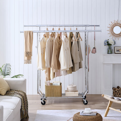 Heavy Duty Double Clothing Garment Rack With Shelves - Silver