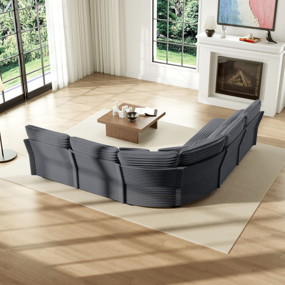 5 Seater L Shaped Sectional Sofa With Curved Corner, 7 Pillows
