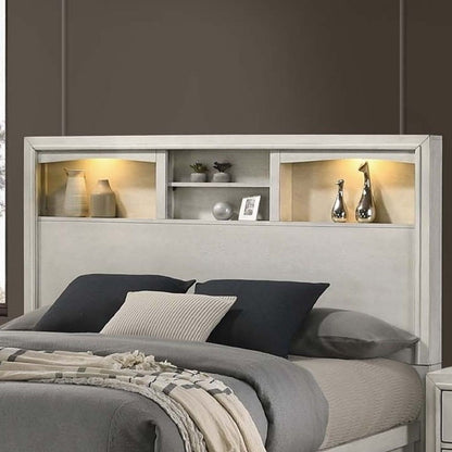 Transitional Bed With Smooth Gliding Drawers, Built In Lights, Open Headboard Shelves
