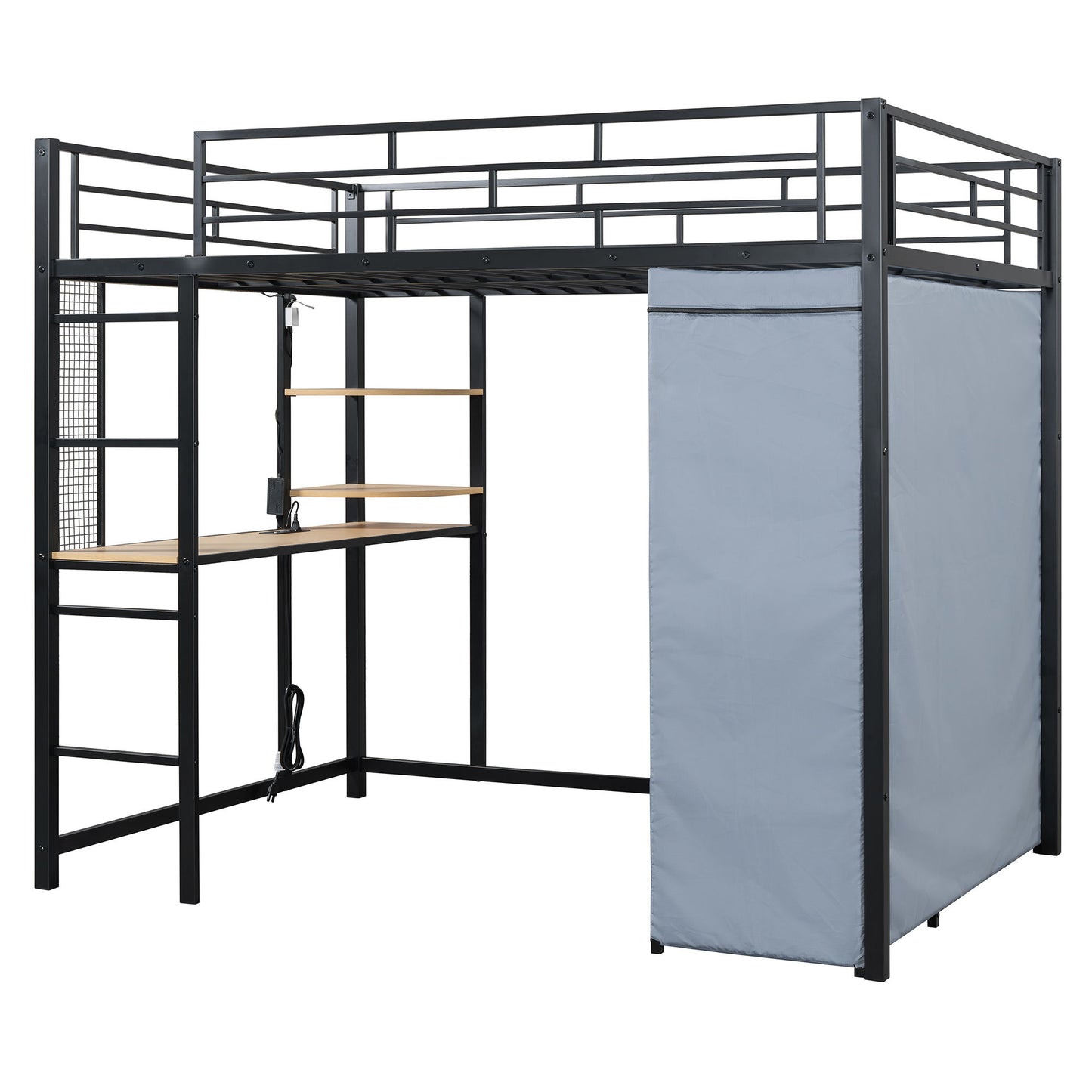 Loft Bed With Desk, Shelves, Power Outlet, LED Light And Wardrobe