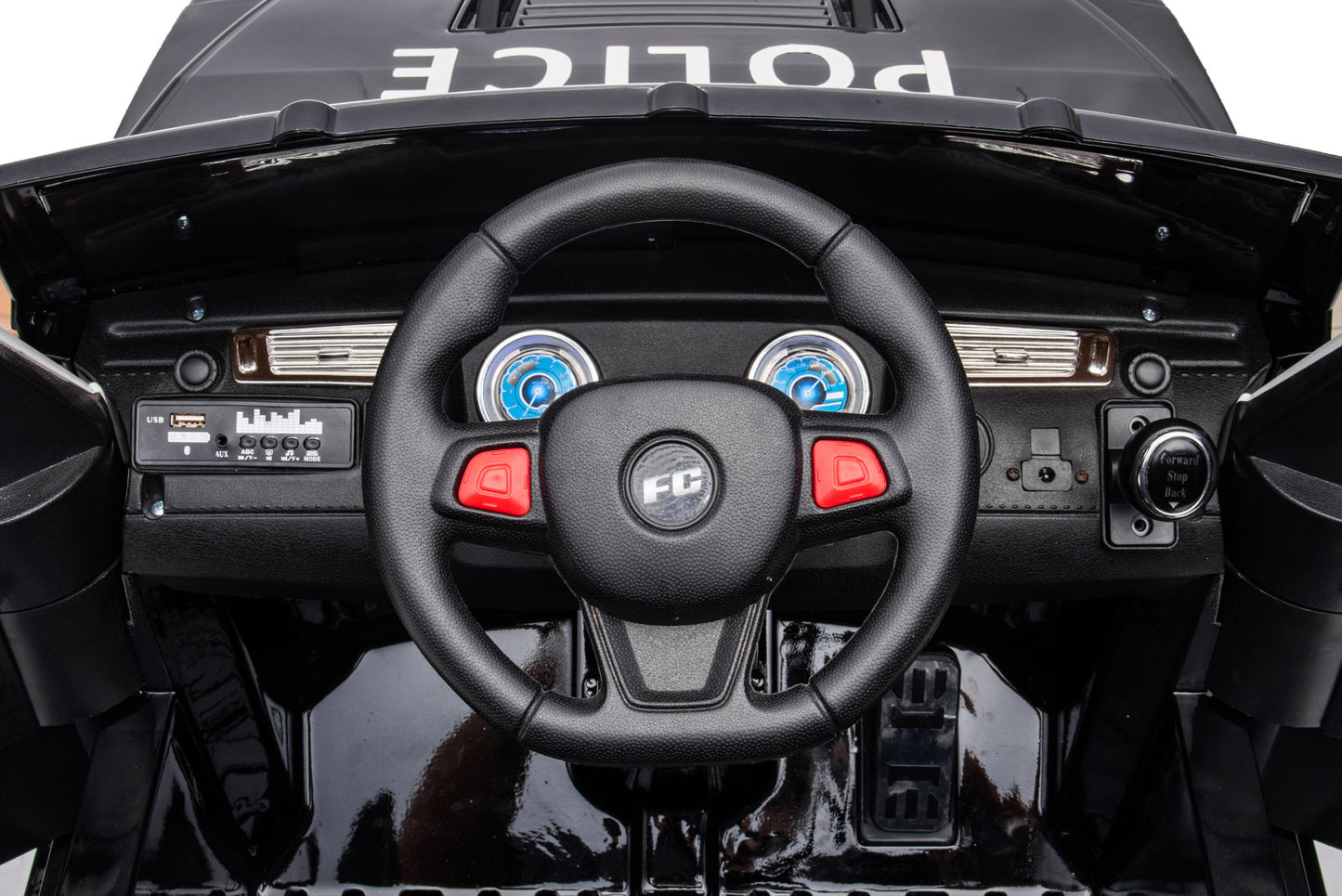 12V7A 30W*2 Four-Wheel Drive Seat One Button Start, Forward And Backward, High And Low Speed, Music, Front Light, Power Display, Two Doors Can Open, 2.4G R / C, Seat Belt Four Wheel Absorber