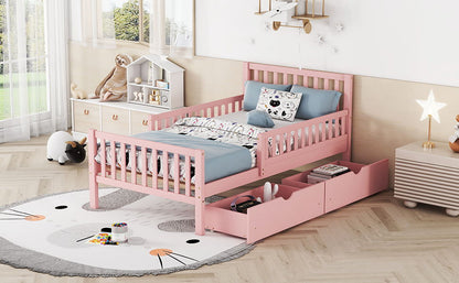 Platform Bed With Guardrails On Both Sides And 2 Storage Drawers