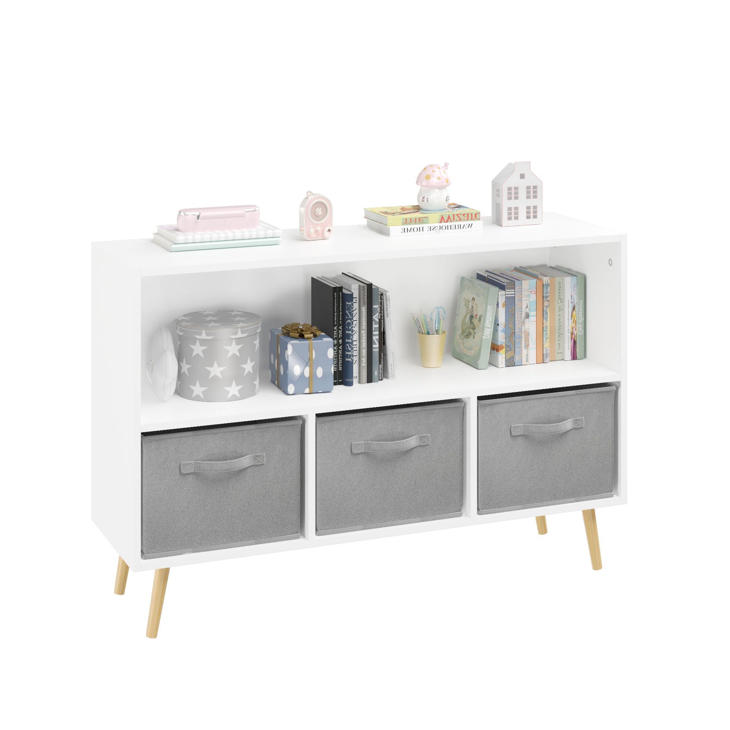 Bookcase With Collapsible Drawers, Book Display Organizer